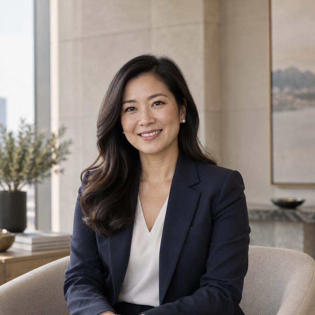 亚洲女性专业顾问形象示意，身穿深蓝西装与白色上衣
